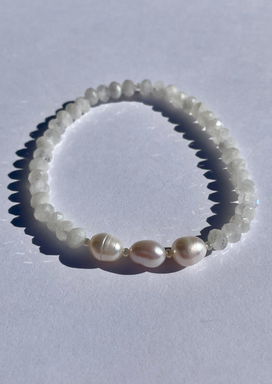 Rainbow Moonstone, Fresh Water Pearl, Natural, Bracelet