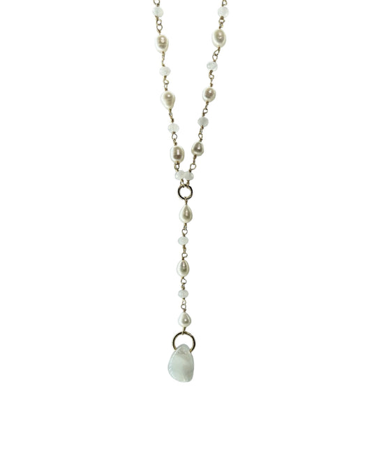 Rainbow Moonstone, Pearl, Lariat, Gold Plated, Necklace