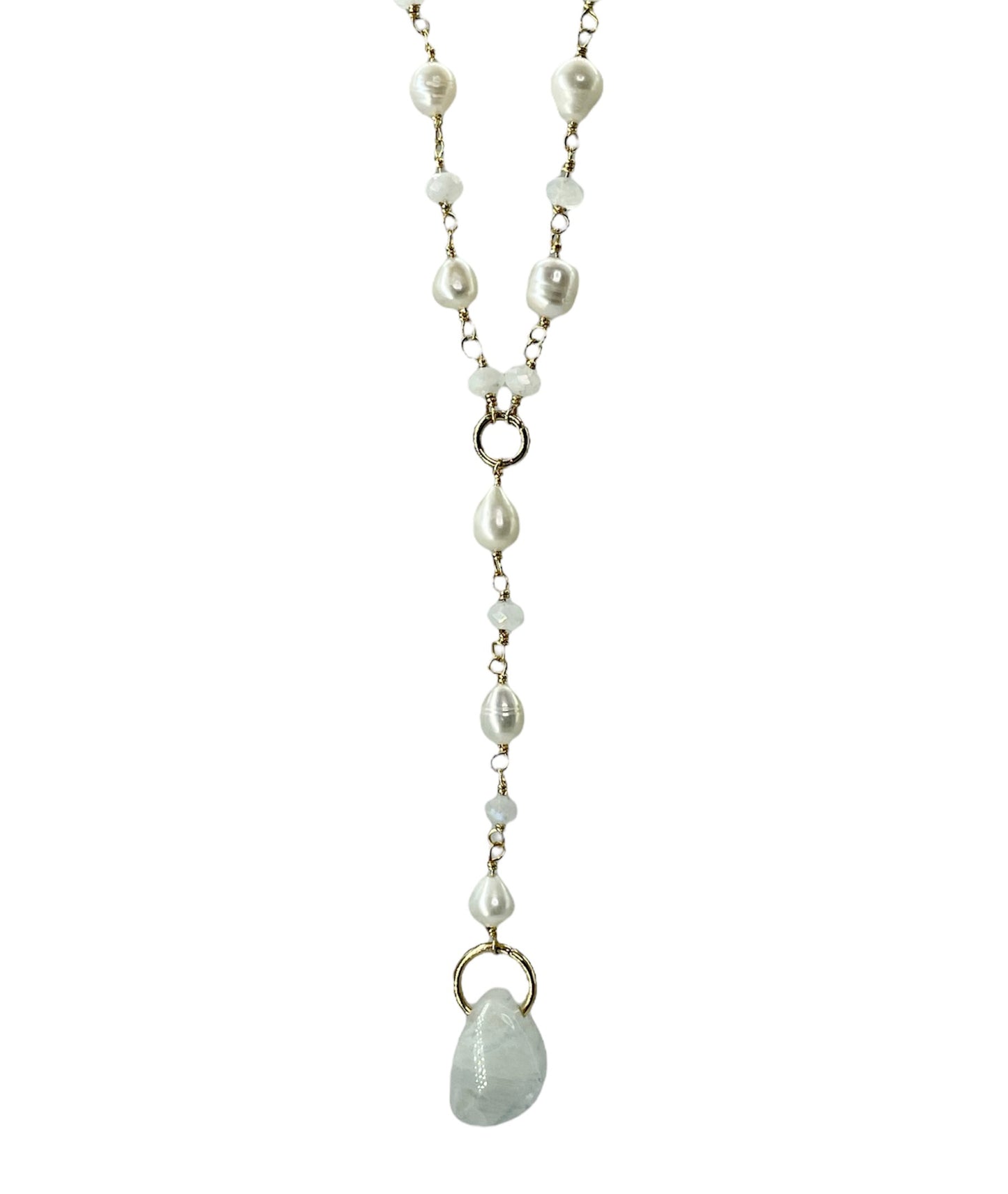 Rainbow Moonstone, Pearl, Lariat, Gold Plated, Necklace