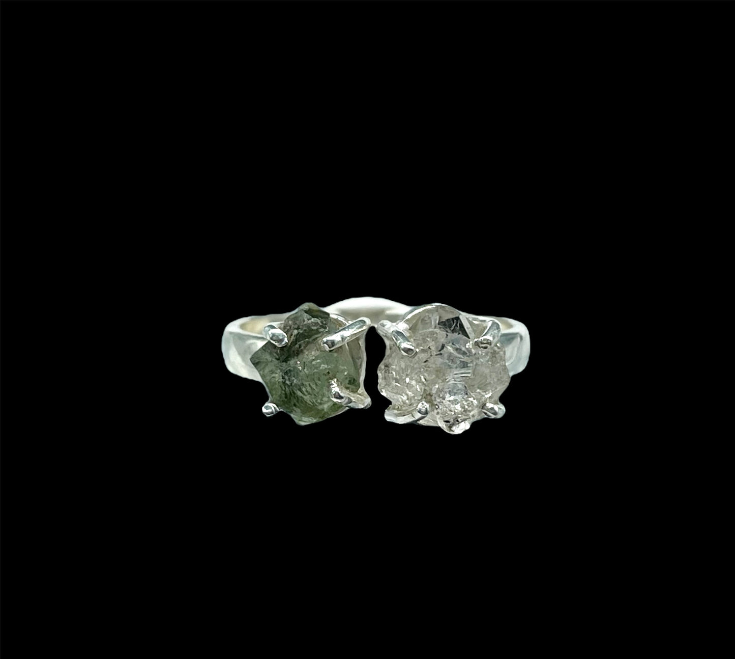 Moldavite and Herkimer Diamond, .925 Sterling Silver, Adjustable, Ring #M000