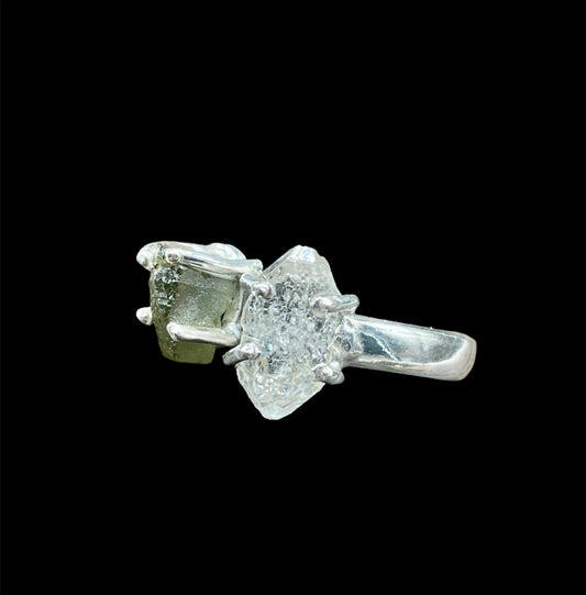 Moldavite and Herkimer Diamond, .925 Sterling Silver, Adjustable, Ring #M103