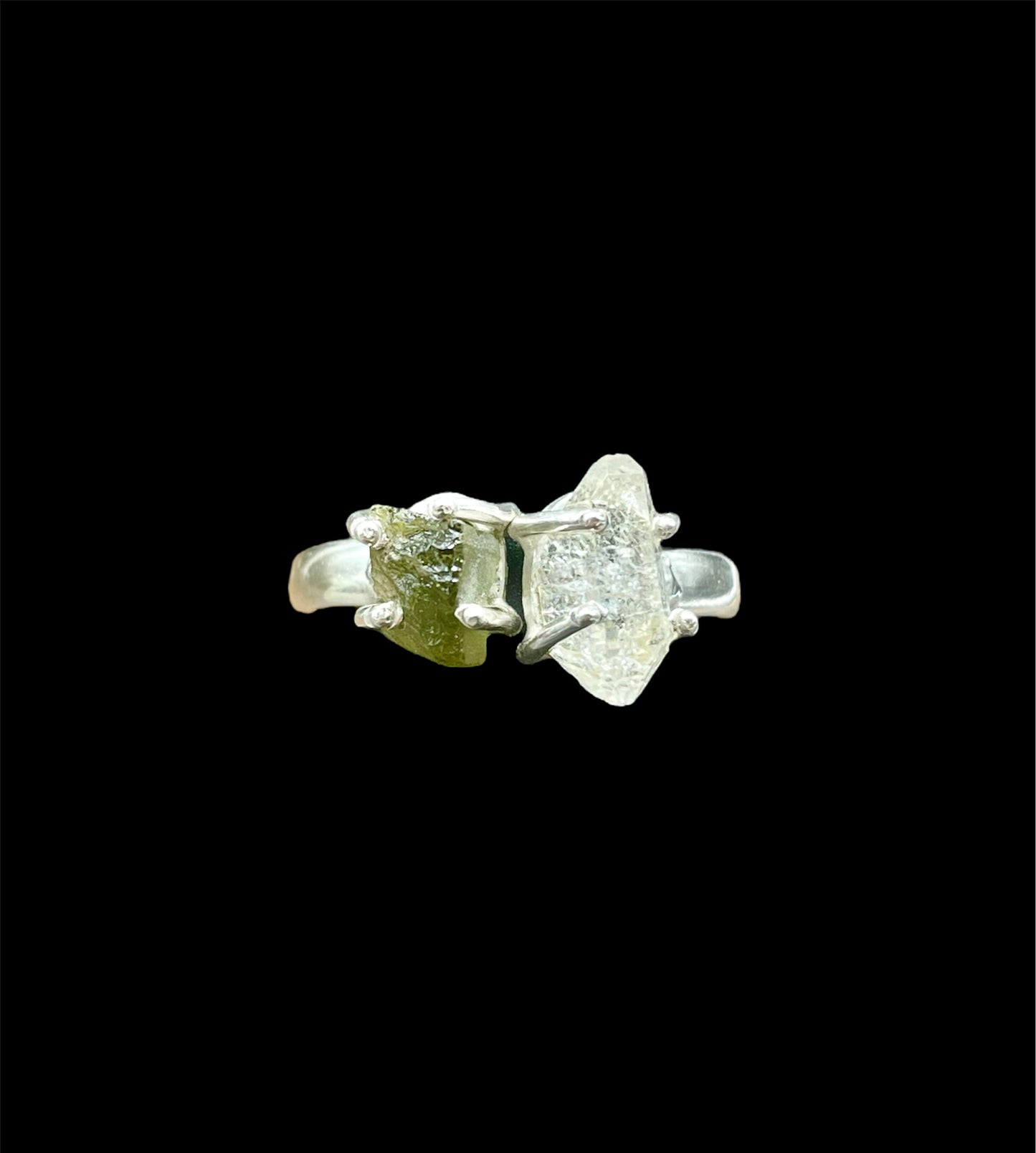 Moldavite and Herkimer Diamond, .925 Sterling Silver, Adjustable, Ring #M103