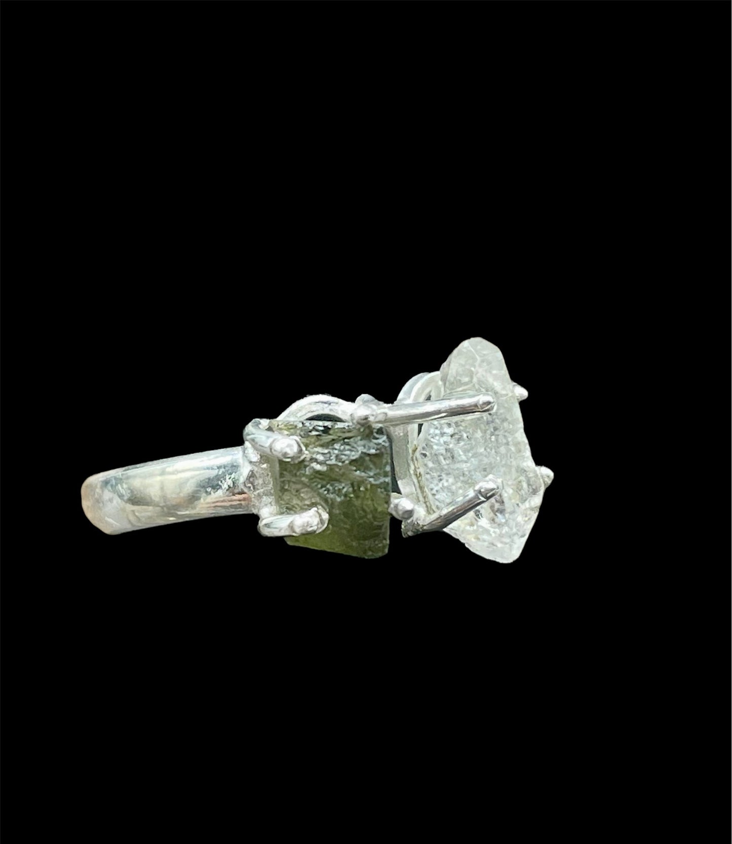 Moldavite and Herkimer Diamond, .925 Sterling Silver, Adjustable, Ring #M102