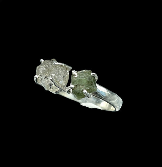 Moldavite and Herkimer Diamond, .925 Sterling Silver, Adjustable, Ring #M000