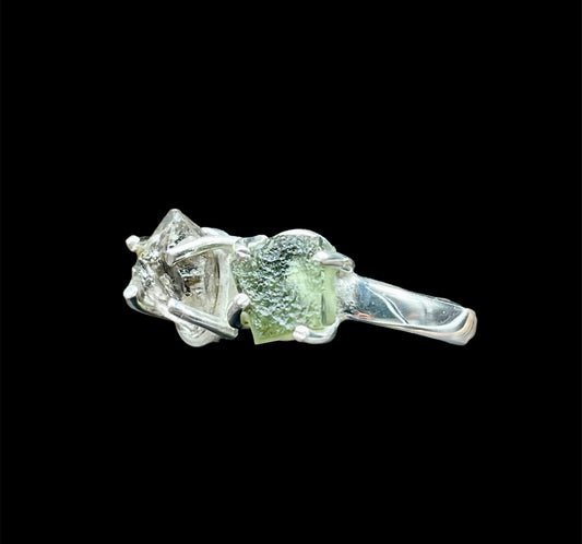 Moldavite and Herkimer Diamond, .925 Sterling Silver, Adjustable, Ring #M100